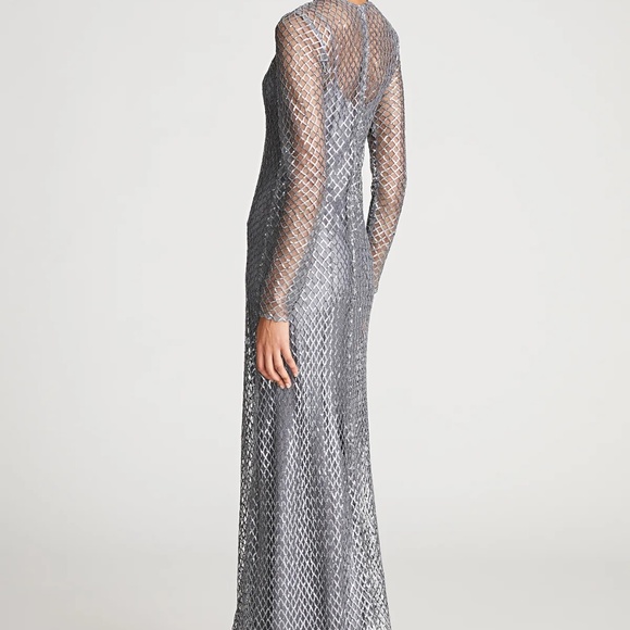 Long Sleeved Sequin Mesh Evening Gown - Picture 2 of 13